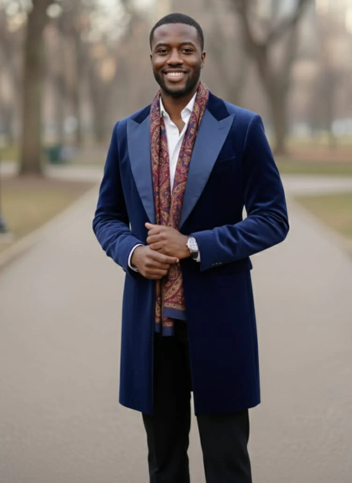 Mens Navy Velvet Victorian Tailcoat Tuxedo Three Quarter Length Cutaway Stage And Wedding Jacket