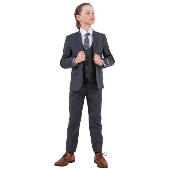 Exclusive Stacy Adams 5pc Boys Suit Solid Slim Fit, Charcoal Grey - Boy Size : 4 (Weight 38 to 49)