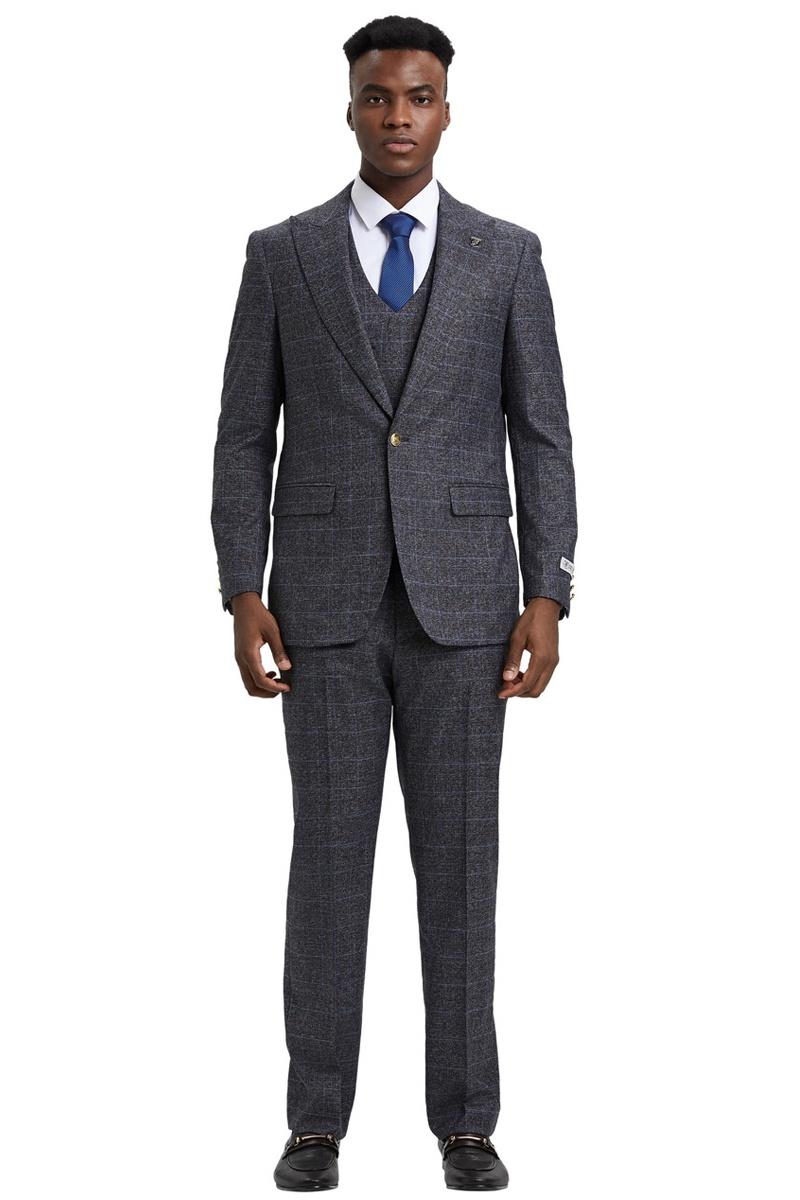 Men's Stacy Adams Peak Lapel Suit with Double Breasted Vest in Charcoal Grey Windowpane Plaid - 38 Regular