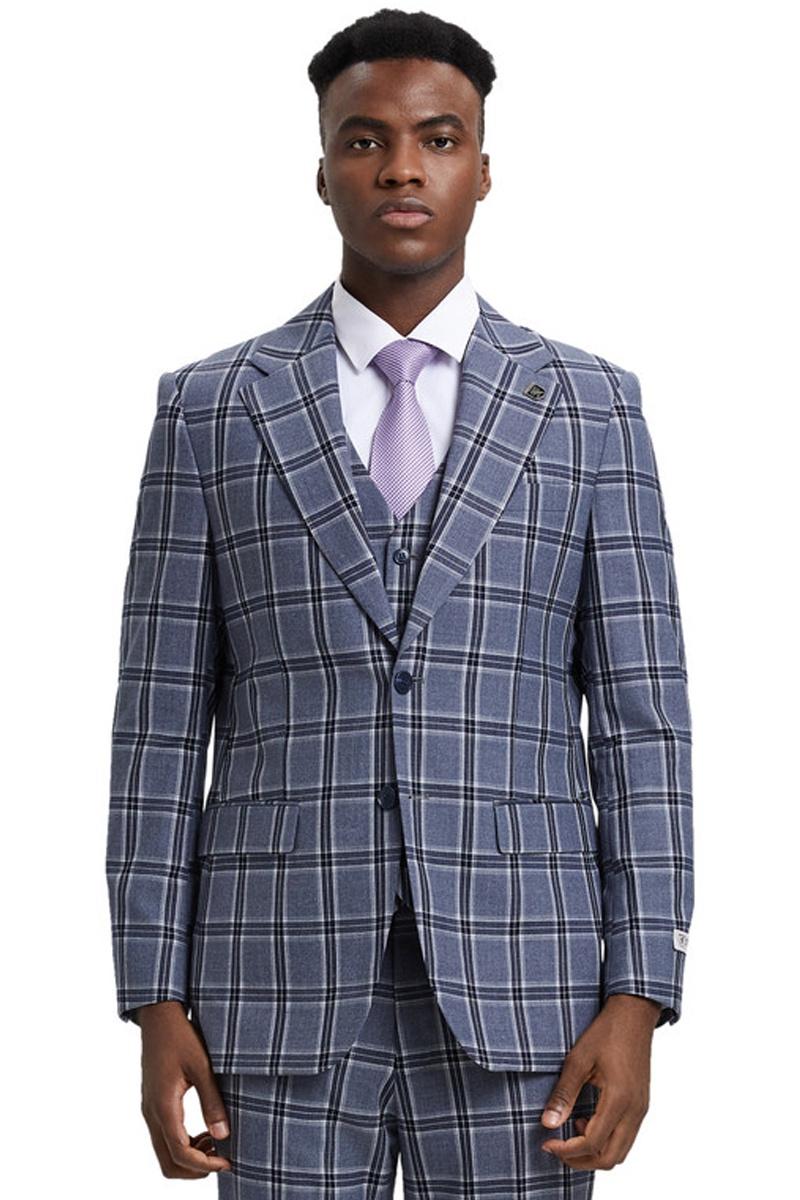 Men's Stacy Adams Two Button Vested Glen Plaid Check Suit in Grey - 38 Regular