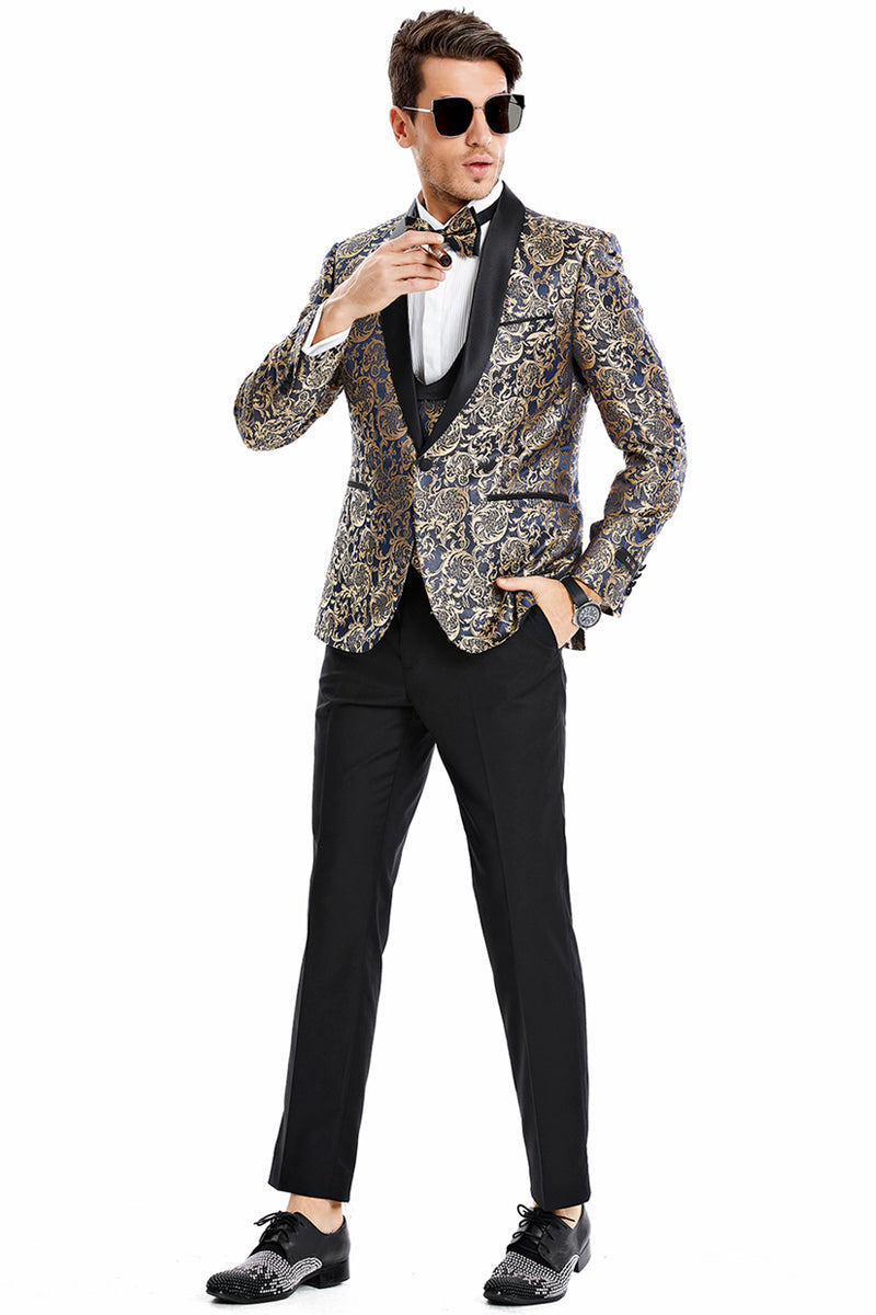 "Men's Navy  & Gold Paisley Shawl Tuxedo - One Button Vested Prom 2026 & Wedding Suit" - 34 Short