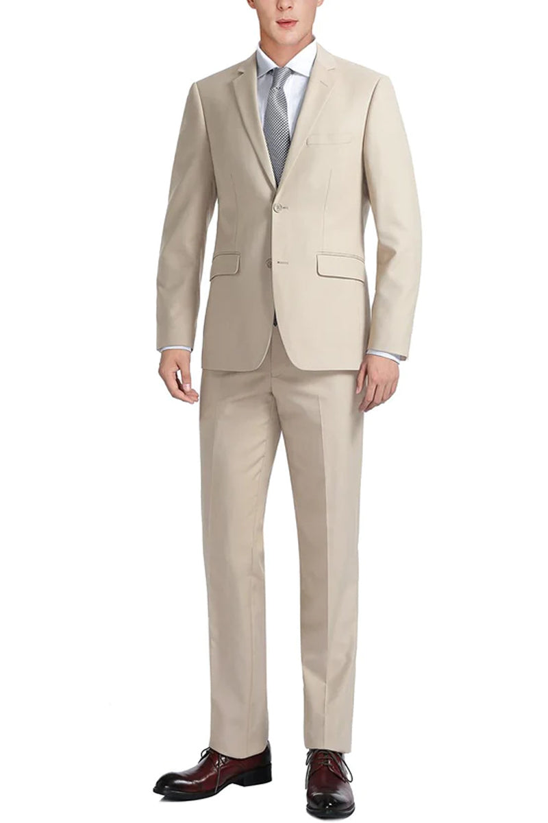 "Classic Fit Two Button Men's Suit with Vest - Light Tan Beige" - 48 Long