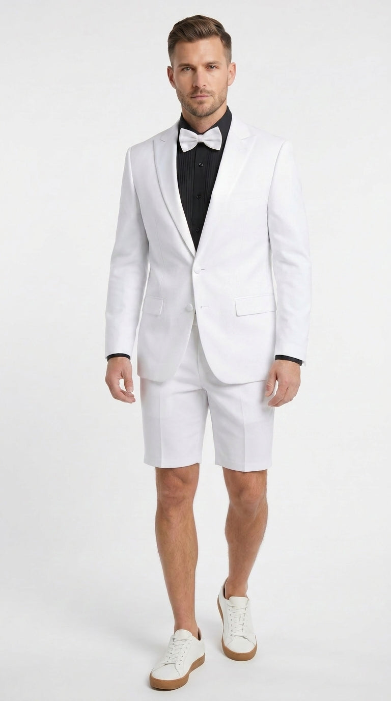 Men’s White Tuxedo Suit with Shorts – Modern Formal Blazer and Short Pants Set for Wedding, Prom Summer Fabric - 34 Short or Extra Small