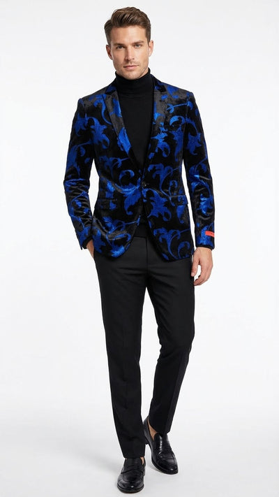 Mens Black and Royal Blue Patterned Blazer Paisley Floral Sport Coat Prom Jacket