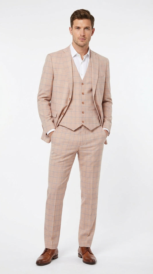 Men’s Orange Plaid 3 Piece Suit – Orange Check Formal Suit with Vest for Wedding,  Business Event Peach Salmon Color