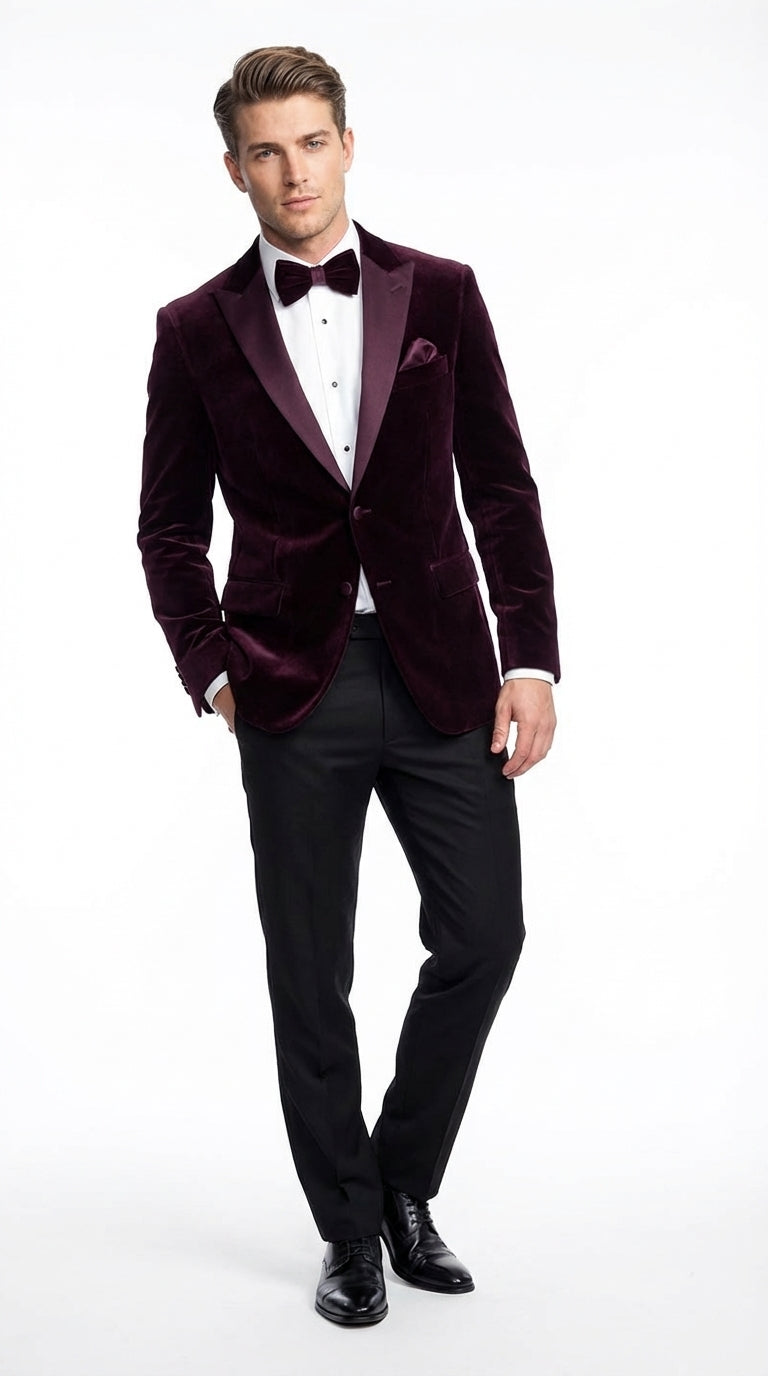 Mens Plum Eggplant Velvet Blazer Jacket – Luxury Velvet Dinner Jacket for Wedding, Tuxedo Events, Formal Parties in Burgundy Color - 36 Short