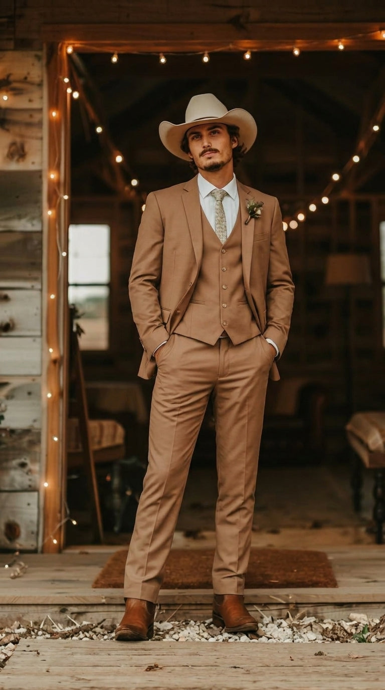 Mens Camel Brown Copper Western 3 Piece Suit – Classic Country Style Blazer Vest Pants Set, Formal Cowboy Suit Outfit - 34 Short or Extra Small