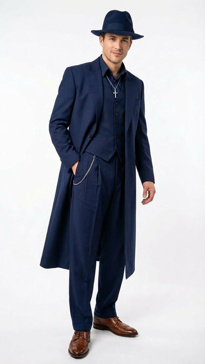 Mens Navy Blue 1920s Zoot Suit Long Mafia Gangster Three-Piece Vintage Costume Set Zuit Pachuco Style