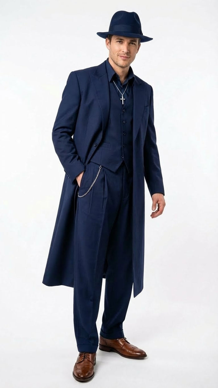 Mens Navy Blue 1920s Zoot Suit Long Mafia Gangster Three-Piece Vintage Costume Set Zuit Pachuco Style