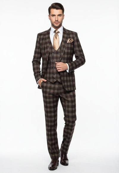 Mens Brown Plaid Windowpane Three-Piece Suit Set Classic Slim Fit Jacket, Double-Breasted Vest and Modern Fit Pants  By Rossiman