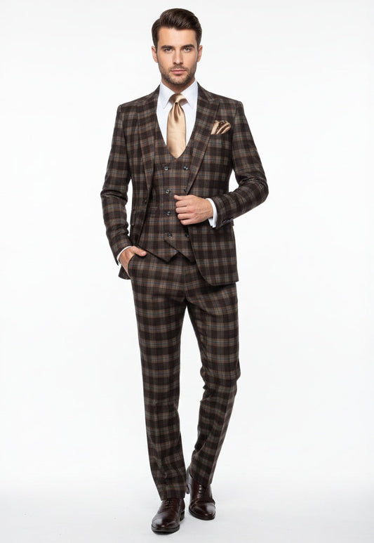 Mens Brown Plaid Windowpane Three-Piece Suit Set Classic Slim Fit Jacket, Double-Breasted Vest and Modern Fit Pants  By Rossiman