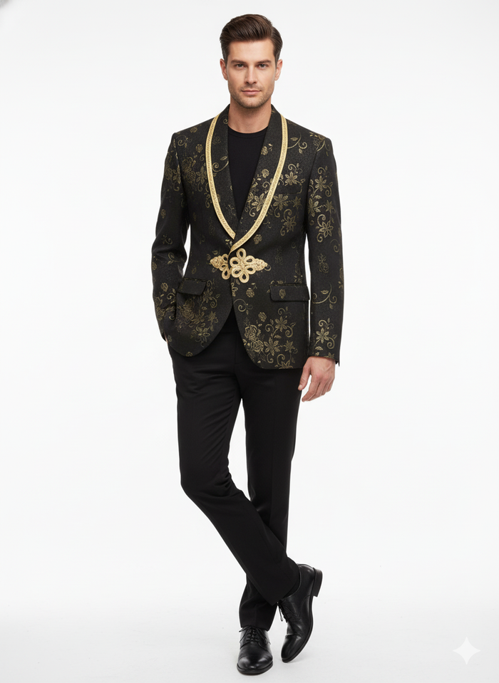 Mens Black and Gold Embroidered Luxury Blazer Designer Floral Pattern Wedding & Party Jacket (Sim534)