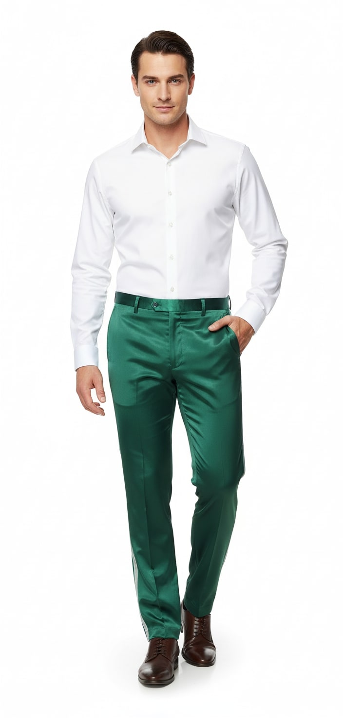 Mens Emerald Green Satin Slim Fit Dress Pants – Shiny Formal Party and Wedding Trousers - dress size pants : 28 Unfinished bottom