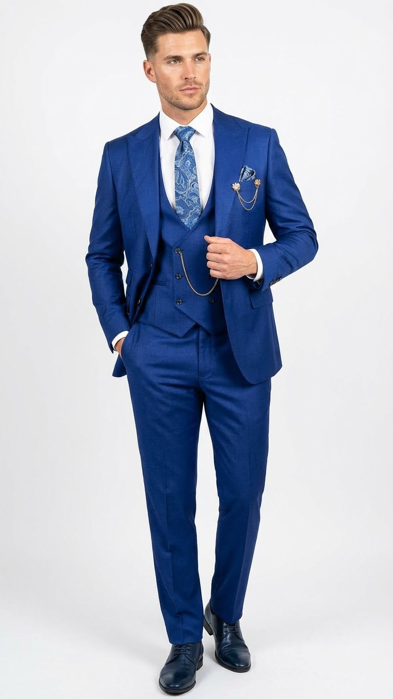 Men’s Royal Blue 3 Piece Suit Set with Vest – Formal Wedding and Party Wear Suit - Saphire Cobalt blue - 34 Short or Extra Small
