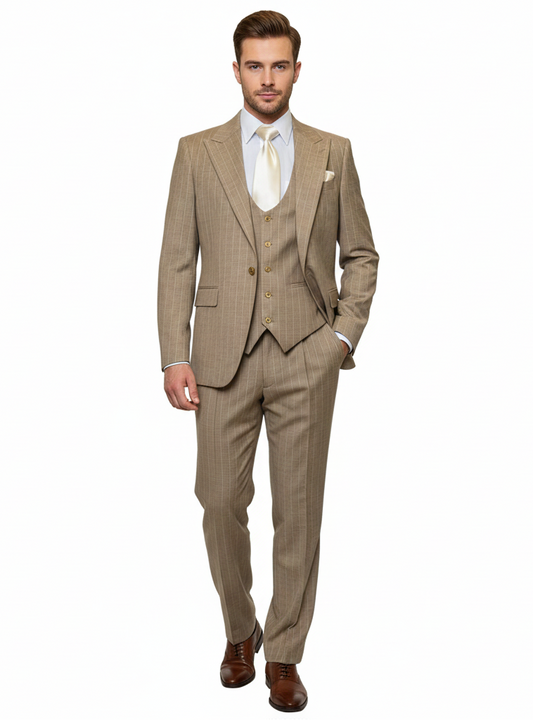 Men’s Beige Pinstripe Three-Piece Suit – Classic Fit Formal Suit with Vest and Flat-Front Pants in Tan Stripe By Rossiman