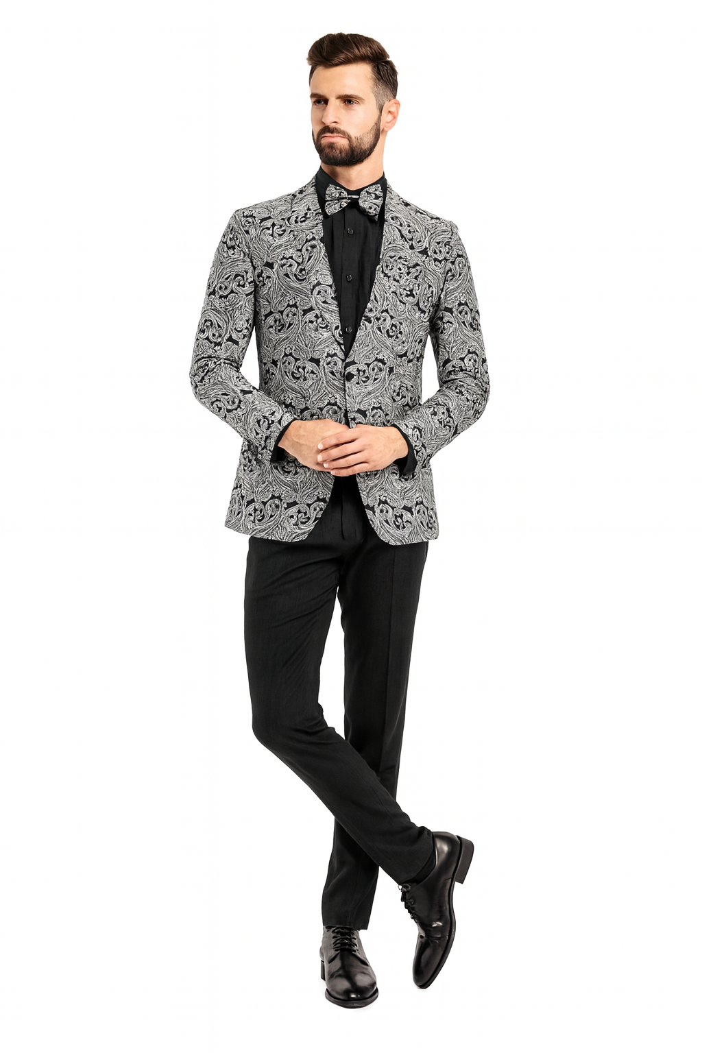 Men’s Black and Silver Paisley Tuxedo Jacket – Slim Fit Dinner Blazer with Matching Bow Tie with Black Pants - Small