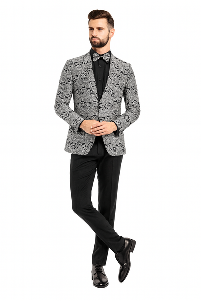 Mens Black and Silver Paisley Tuxedo Jacket â€“ Slim Fit Dinner Blazer with Matching Bow Tie with Black Pants