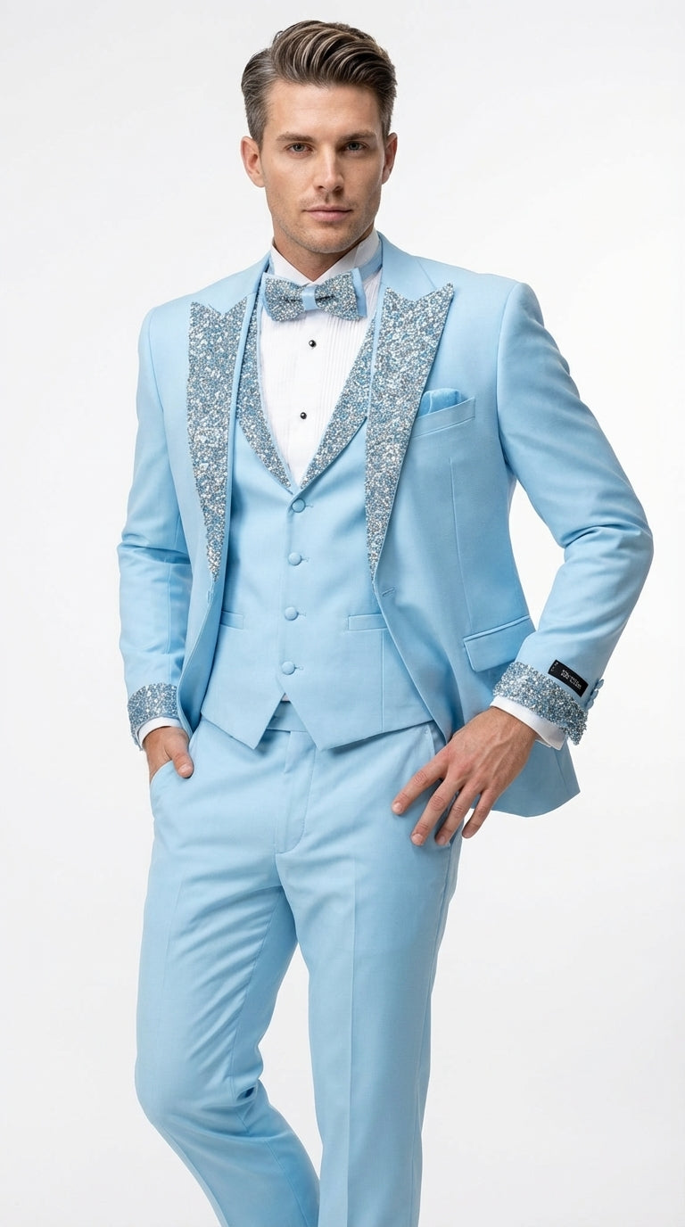 Mens Light Blue 3 Piece Prom Tuxedo – Sky Blue Formal Suit with Sequin Lapel Wedding Party Tuxedo Set in Baby Blue - 34 Short or Extra Small