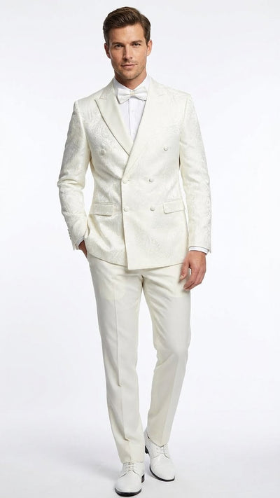 Mens Ivory Double Breasted Tuxedo Dinner Jacket Textured Blazer Paisley Texture Pattern in Off White Cream Color + Bowtie