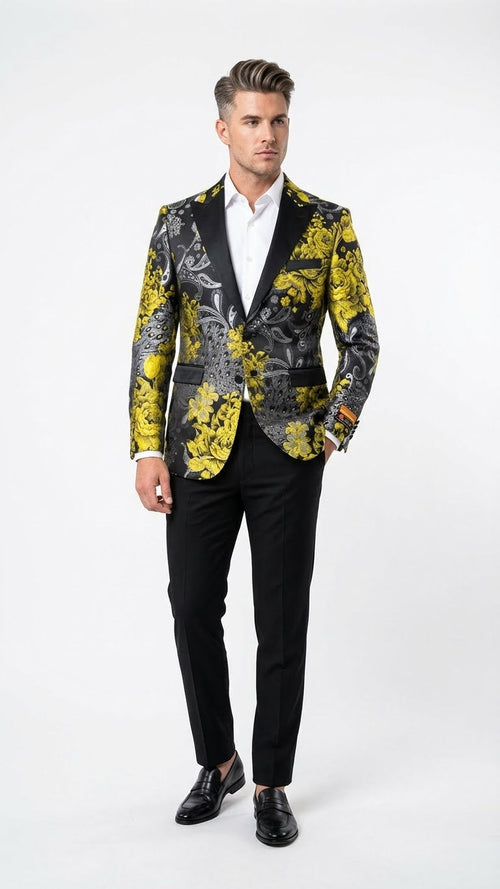 Mens Yellow Tuxedo Black and Gold Floral Pattern Blazer | Formal Jacket - Prom Dinner Jacket + Black Pants + Bowtie