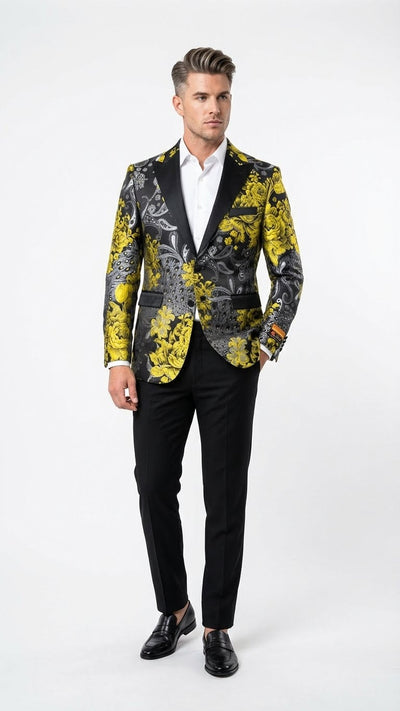 Mens Yellow Tuxedo Black and Gold Floral Pattern Blazer | Formal Jacket - Prom Dinner Jacket + Black Pants + Bowtie