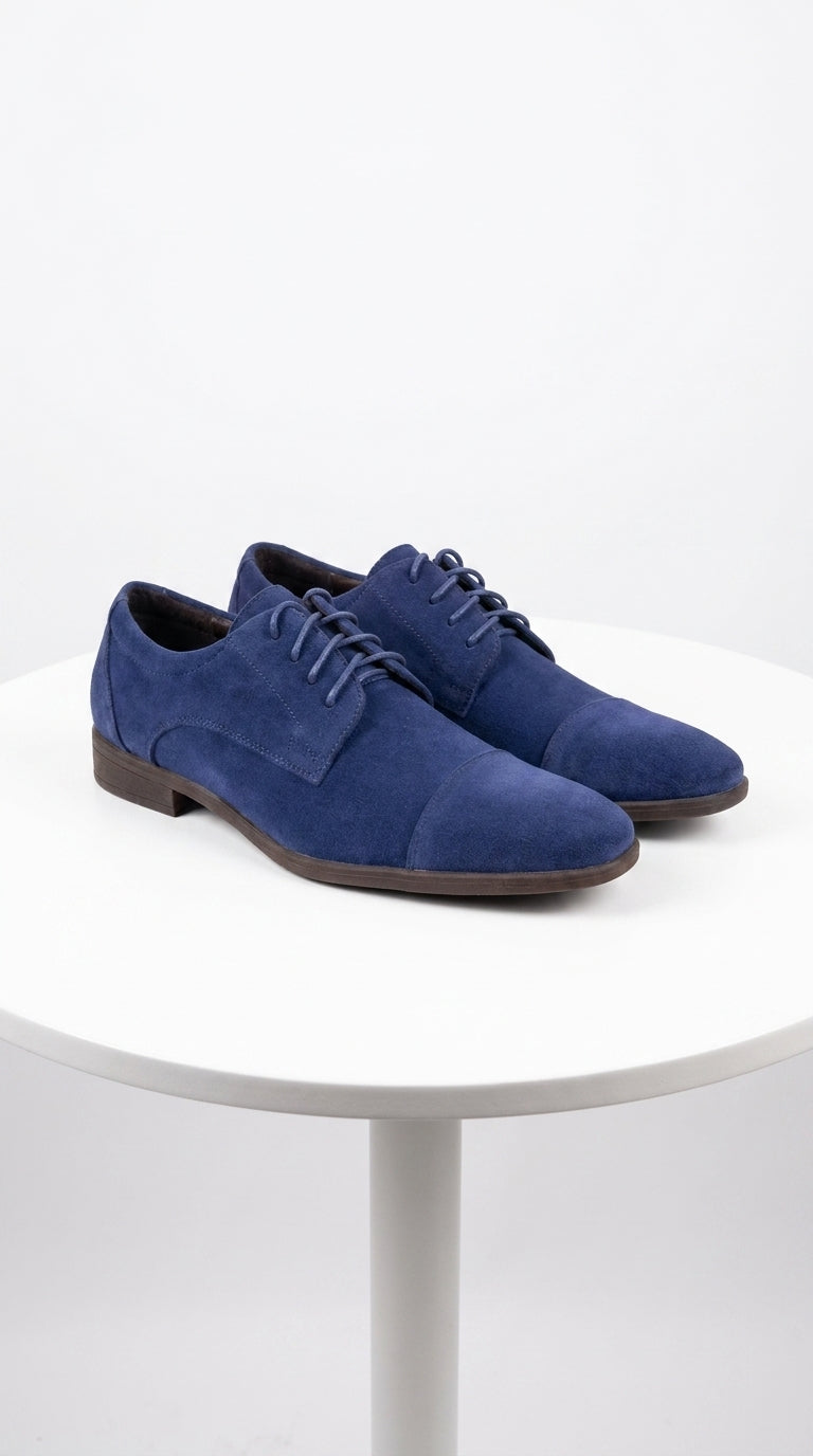 Men’s Navy Blue Suede Cap Toe Dress Shoes – Classic Lace Up Formal Wedding and Prom Shoes Velvet Fabric - 6 Standard / D / Medium