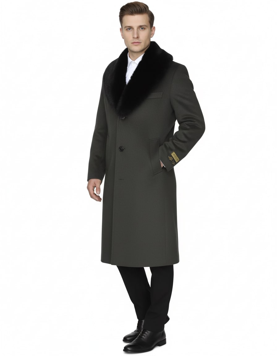 Mens Full Length Olive Overcoat with Black Fur Collar – Luxury Wool Fabric Winter Long Coat in Hunter Green - Coat Size 38