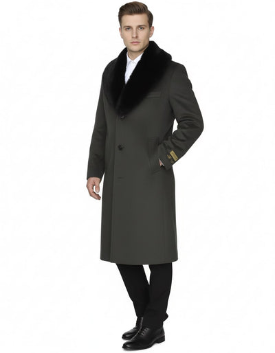 Mens Full Length Olive Overcoat with Black Fur Collar Luxury Wool Fabric Winter Long Coat in Hunter Green
