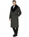 Mens Full Length Olive Overcoat with Black Fur Collar – Luxury Wool Fabric Winter Long Coat in Hunter Green