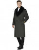 Mens Full Length Olive Overcoat with Black Fur Collar – Luxury Wool Fabric Winter Long Coat in Hunter Green