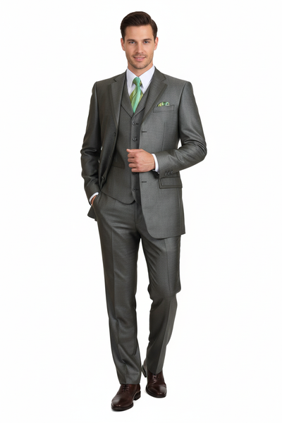 Mens Olive Green 3-Piece Suit Classic Fit with Vest and Tie Pleated Pants Three Buttons