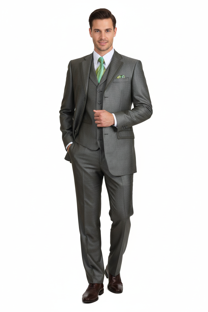 Men’s Olive Green 3-Piece Suit – Classic Fit with Vest and Tie Pleated Pants Three Buttons - 34 Short or Extra Small