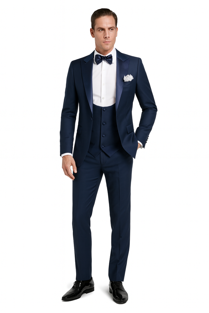 Mens Navy Blue Tuxedo with Satin Peak Lapel with navy sateen – 3 Piece Formal Suit with Vest and Bow Tie