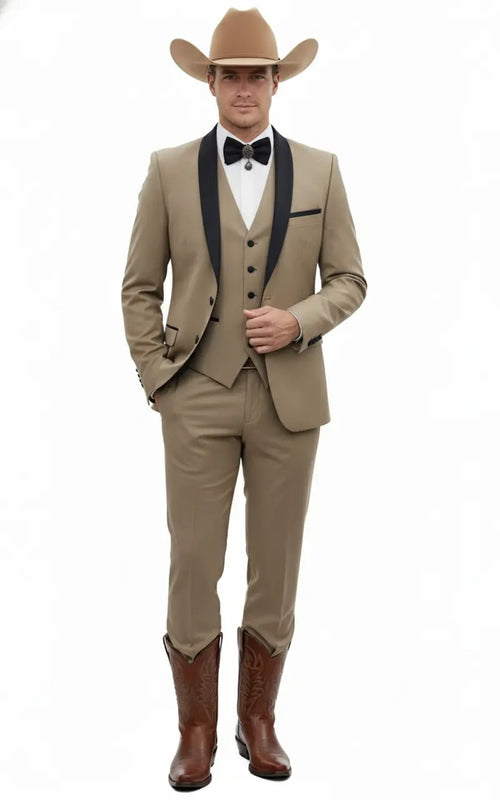 Mens Western Cowboy Suit 3-Piece Tan Tuxedo with Black Lapel, Vest, and Pants Beige  Color