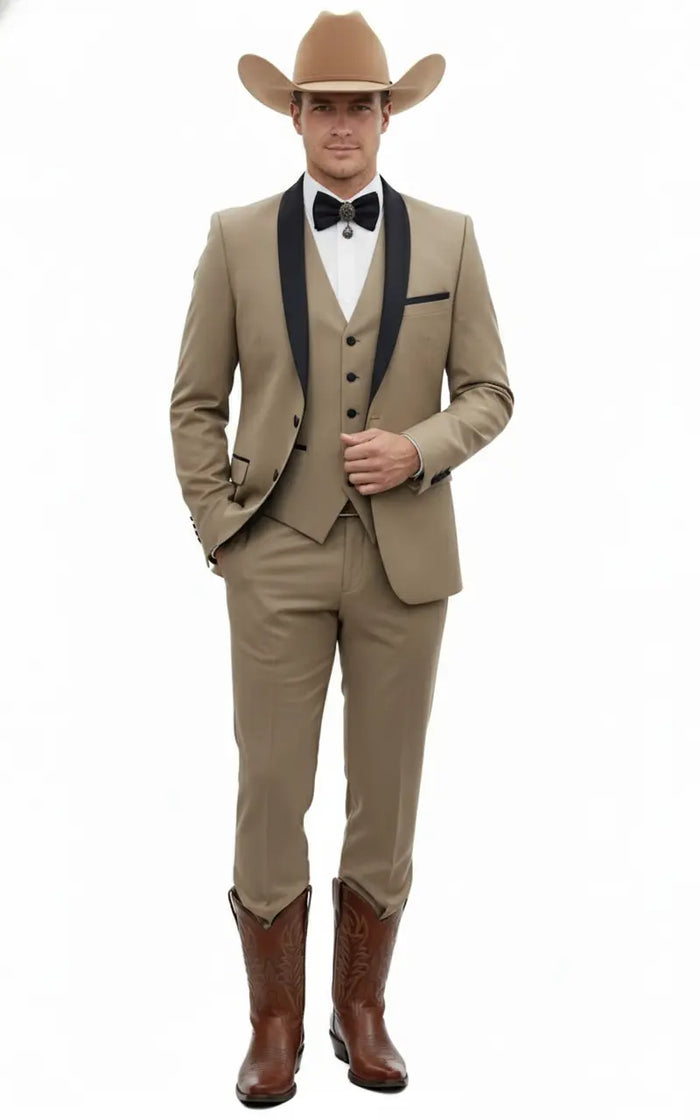 Mens Western Cowboy Suit 3-Piece Tan Tuxedo with Black Lapel, Vest, and Pants Beige  Color