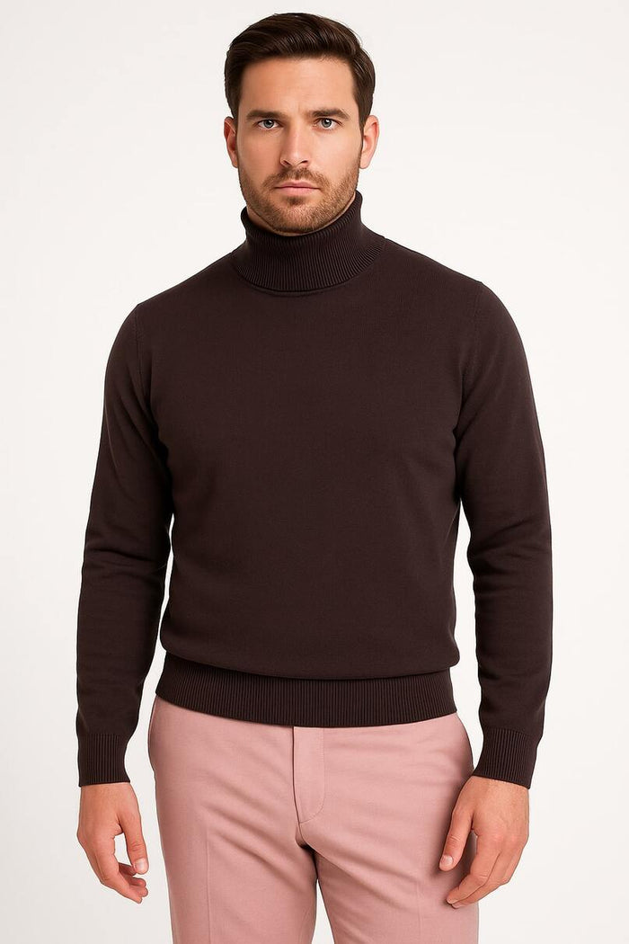 Men's Brown Turtleneck Sweater â€“ Classic Slim Fit Knit Pullover for Fall and Winter