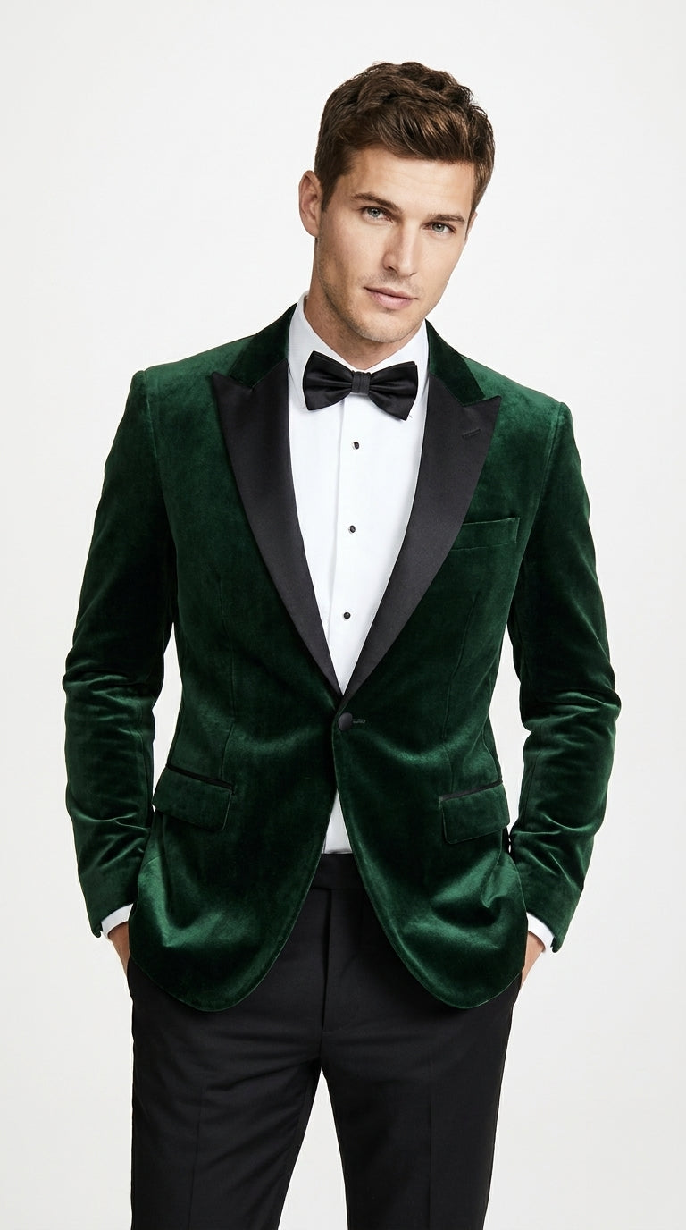 Men’s Olive Green Velvet Tuxedo Dinner Jacket – Black Satin Peak Lapel Formal Prom Wedding Blazer - 34 Short or Extra Small