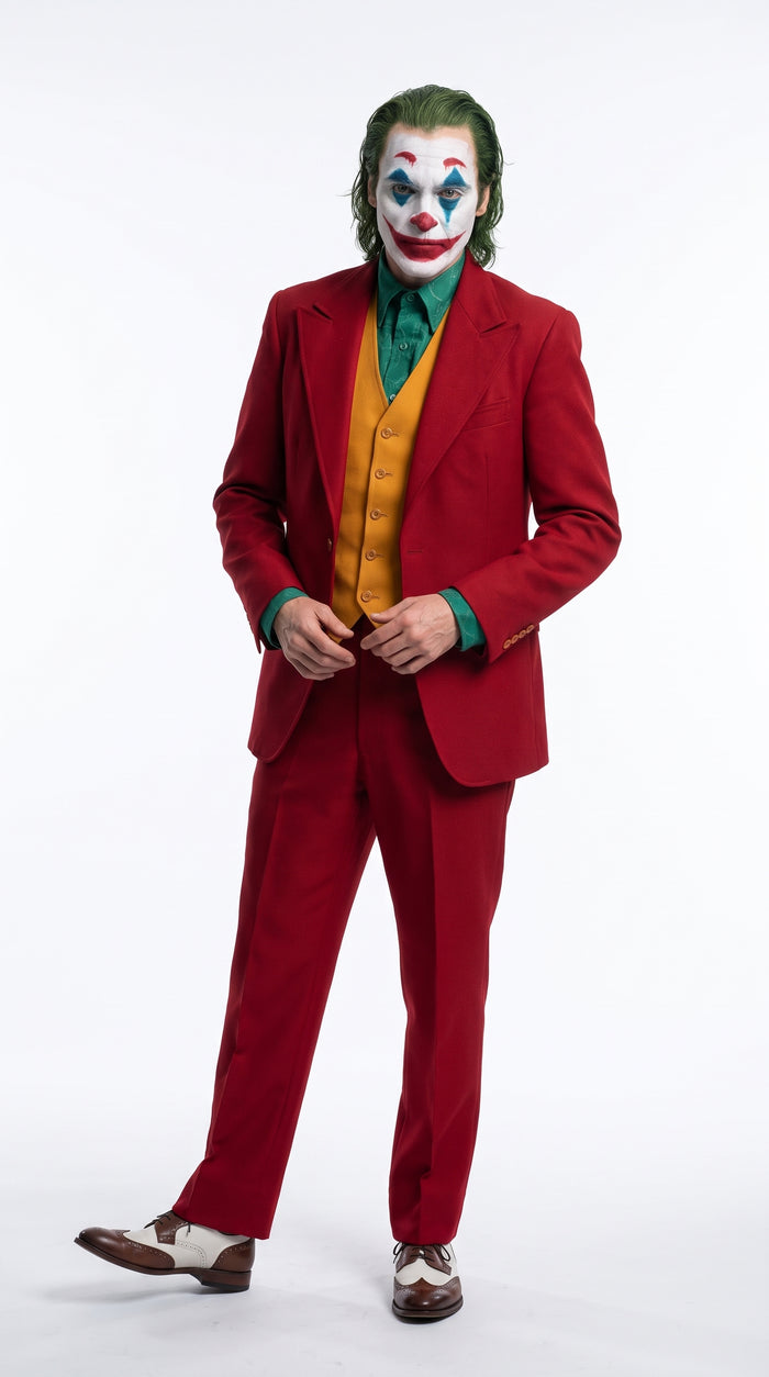 Men's Joker 2019 Red 3-Piece Suit – Joaquin Phoenix Movie-Inspired Costume with Mustard Orange Vest & Green Shirt & Tie Package