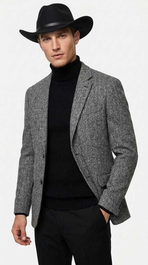 Men’s Grey Herringbone Winter Cowboy Blazer – Western Sport Coat Jacket