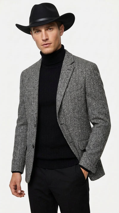 Men’s Grey Herringbone Winter Cowboy Blazer – Western Sport Coat Jacket