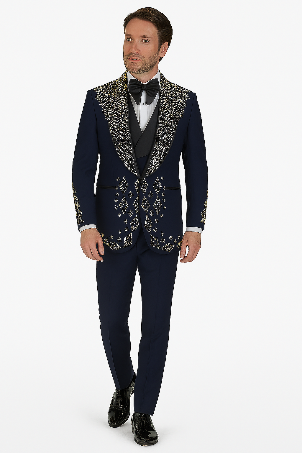 Men’s Navy Tuxedo with Gold Embroidery – Slim Fit Formal Dinner Jacket with Shawl Lapel - 34 Short or Extra Small