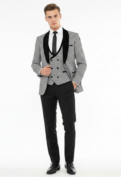 Mens Black and White Houndstooth Tuxedo Set with Velvet Shawl Lapel | 3-Piece Formal Suit with Double-Breasted Vest