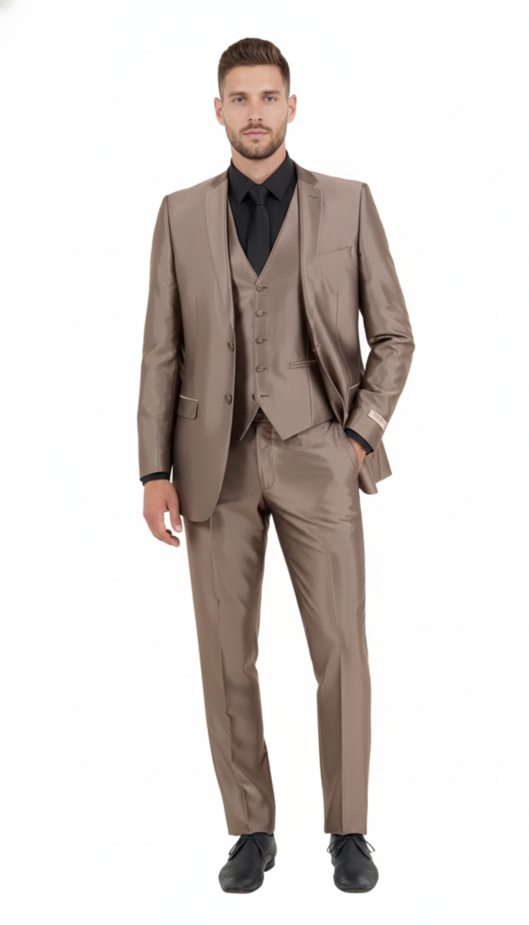 Menâ€™s Sateen Shiny Metallic Mocca Taupe Gold Bronze 3-Piece Suit Set â€“ Shiny Finish slim Fit Formal and Party Suit - 34 Short or Extra Small