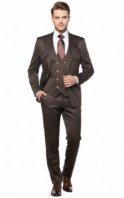 Mens Chocolate Brown Textured 3-Piece Suit Luxury Double-Breasted Vest Formal Set