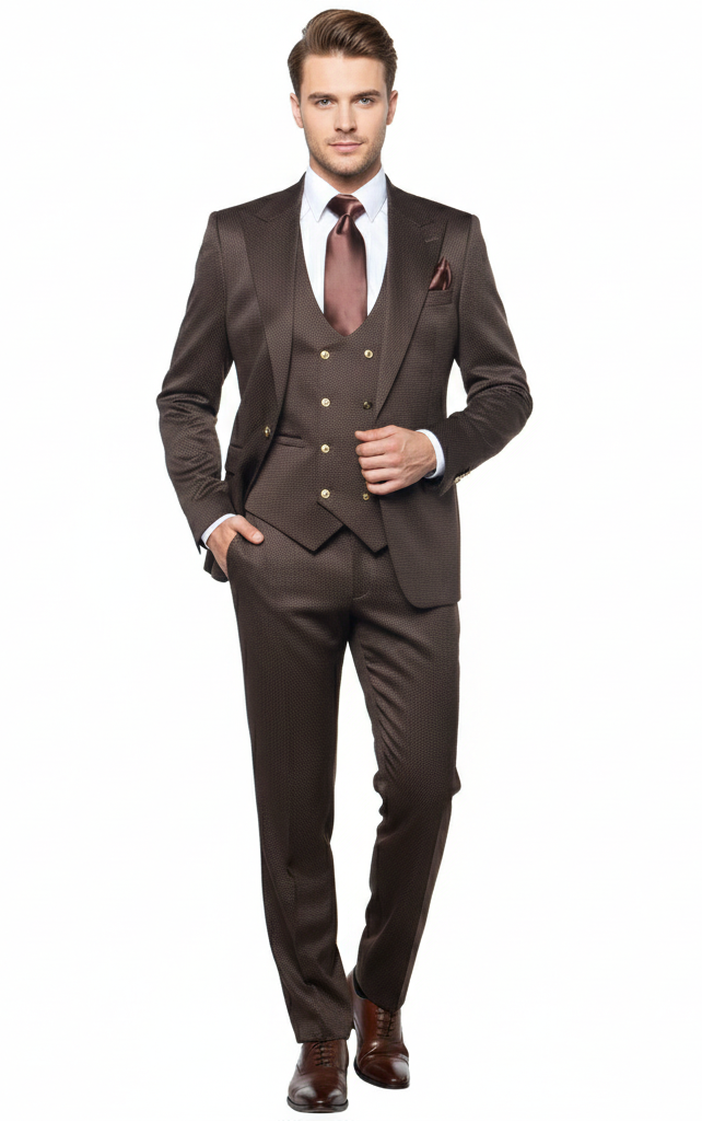 Mens Chocolate Brown Textured 3-Piece Suit Luxury Double-Breasted Vest Formal Set