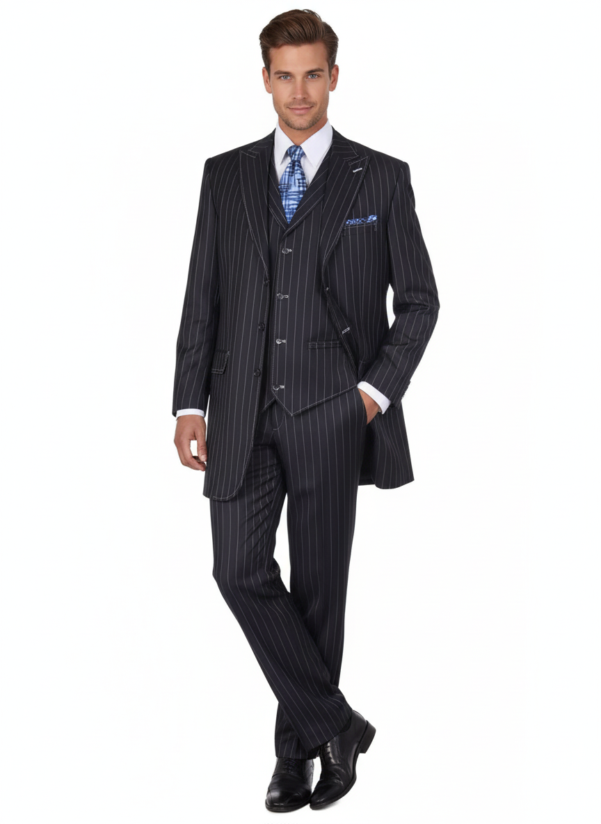 Menâ€™s Three Button Suits -  Navy Blue Pinstripe Three-Piece Suit â€“ Classic Business and Formal Wear - Zoot Suit - 34 Short or Extra Small