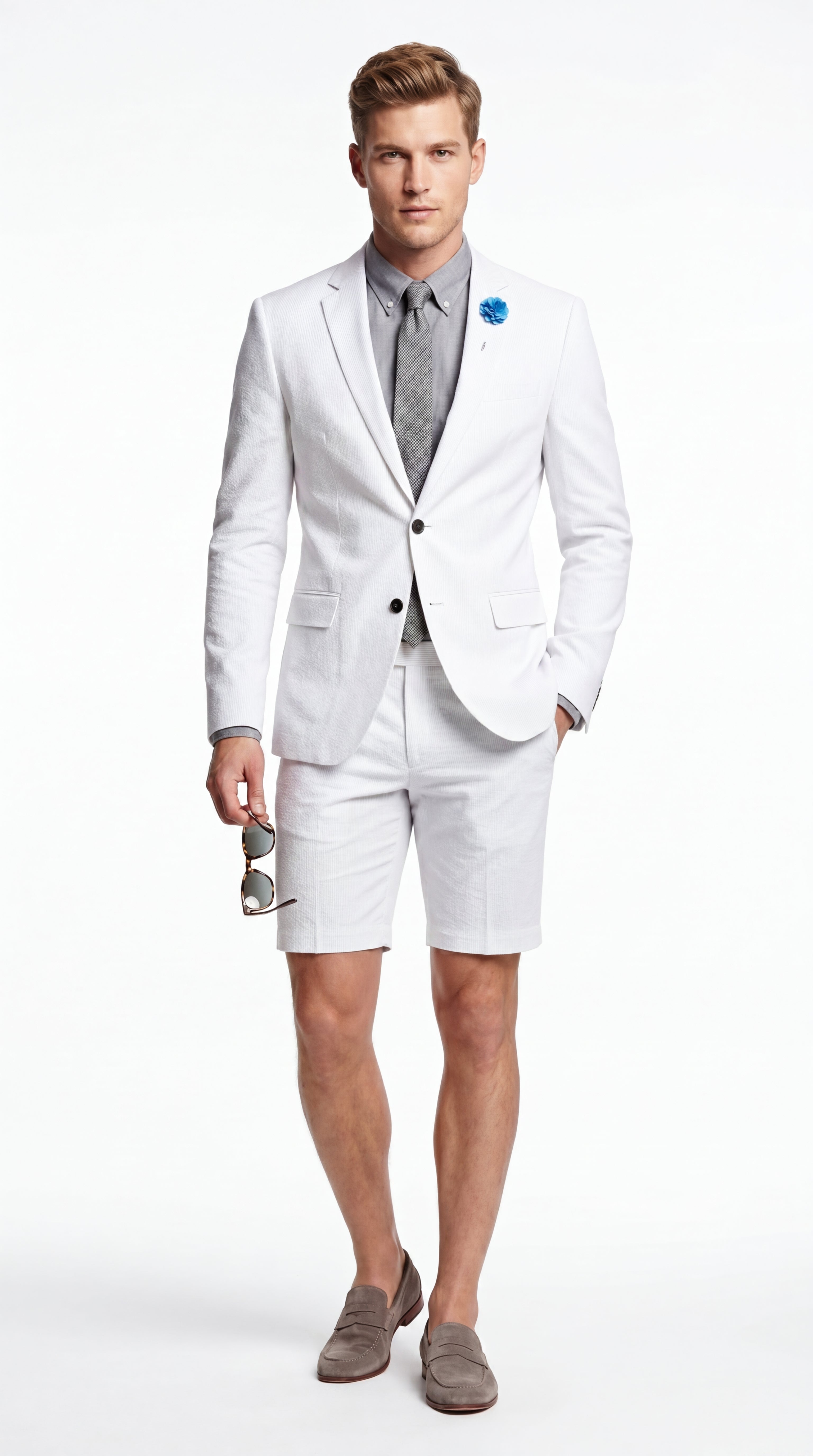 Men’s Cotton Fabric White 2 Piece Summer Suit with Shorts, Casual Beach Wedding and Resort Formal Outfit - 34 Short or Extra Small