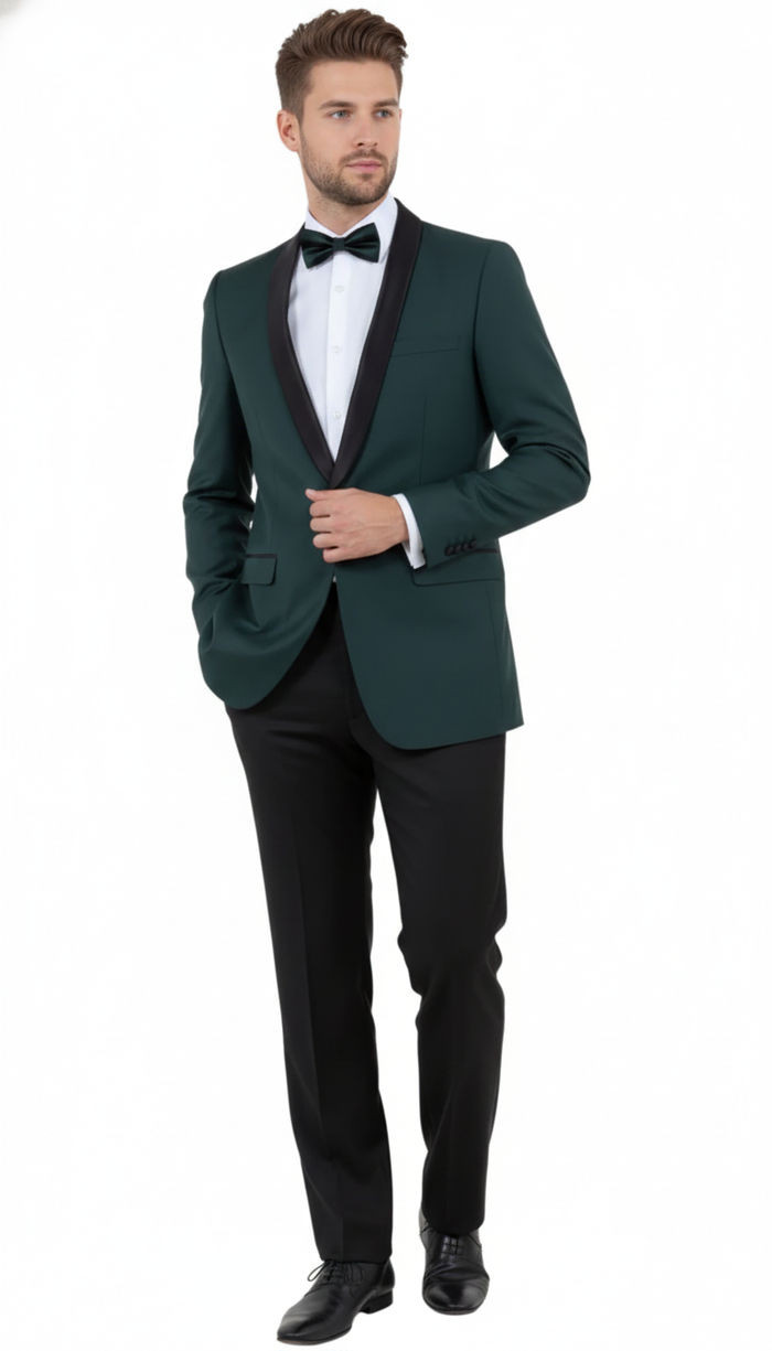 Mens Green Tuxedo Suit Slim Fit Jacket with Black Satin Shawl Lapel and Black Pants in Hunter Green