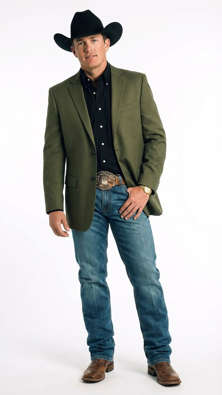 Men’s Olive Green Western Blazer Jacket, Classic Cowboy Style Sport Coat for Casual Formal Wear with Jeans - 36 Short