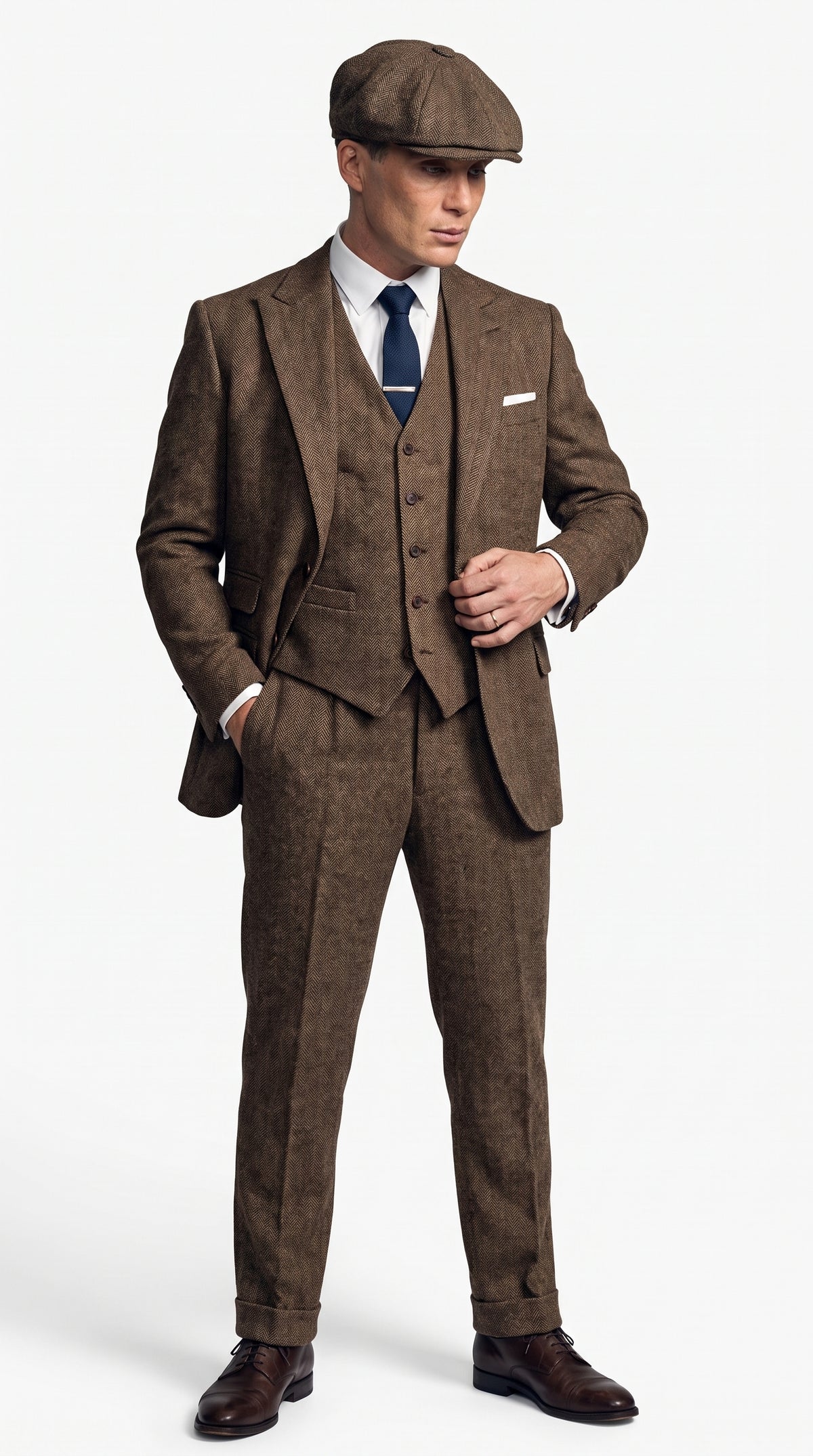 Men's Thomas Shelby Brown Tweed Herringbone 3-Piece Suit – Peaky Blinders 1920s Vintage-Style Suit with Matching Vest & Trousers